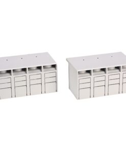 Two identical light-gray modular storage drawers units with four top compartments and multiple small drawers, placed on a white background