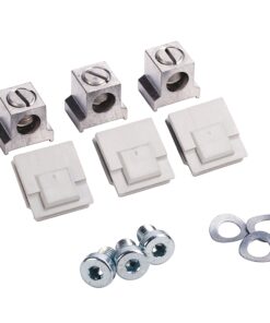 Three white push-in terminal connectors with metal screw terminals and hardware (screws and washers) for wiring.