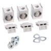 Set of mounting hardware: three aluminum square threaded nuts, three white plastic connectors, three screws with washers, and three flat washers