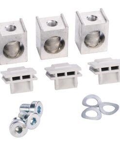 Set of mounting hardware: three aluminum square threaded nuts, three white plastic connectors, three screws with washers, and three flat washers