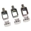 Three metal square U-clamps with threaded bolts and matching white two-pin connectors, laid out in a row for hardware assembly.