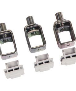 Three metal square U-clamps with threaded bolts and matching white two-pin connectors, laid out in a row for hardware assembly.