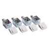 Set of four small metal square mounting brackets with threaded studs and four white plastic pieces beside them
