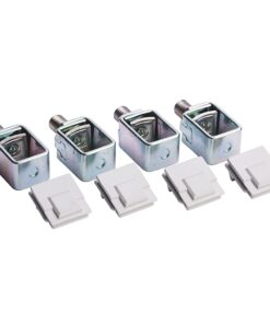 Set of four small metal square mounting brackets with threaded studs and four white plastic pieces beside them