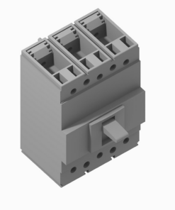 Four-position modular terminal block with a front-mounted lever for wiring connections (gray, top view).