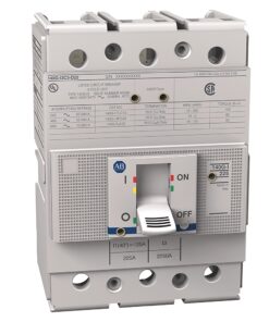 Miniature circuit breaker with a large toggle switch in the OFF position, gray housing and front panel labels visible.