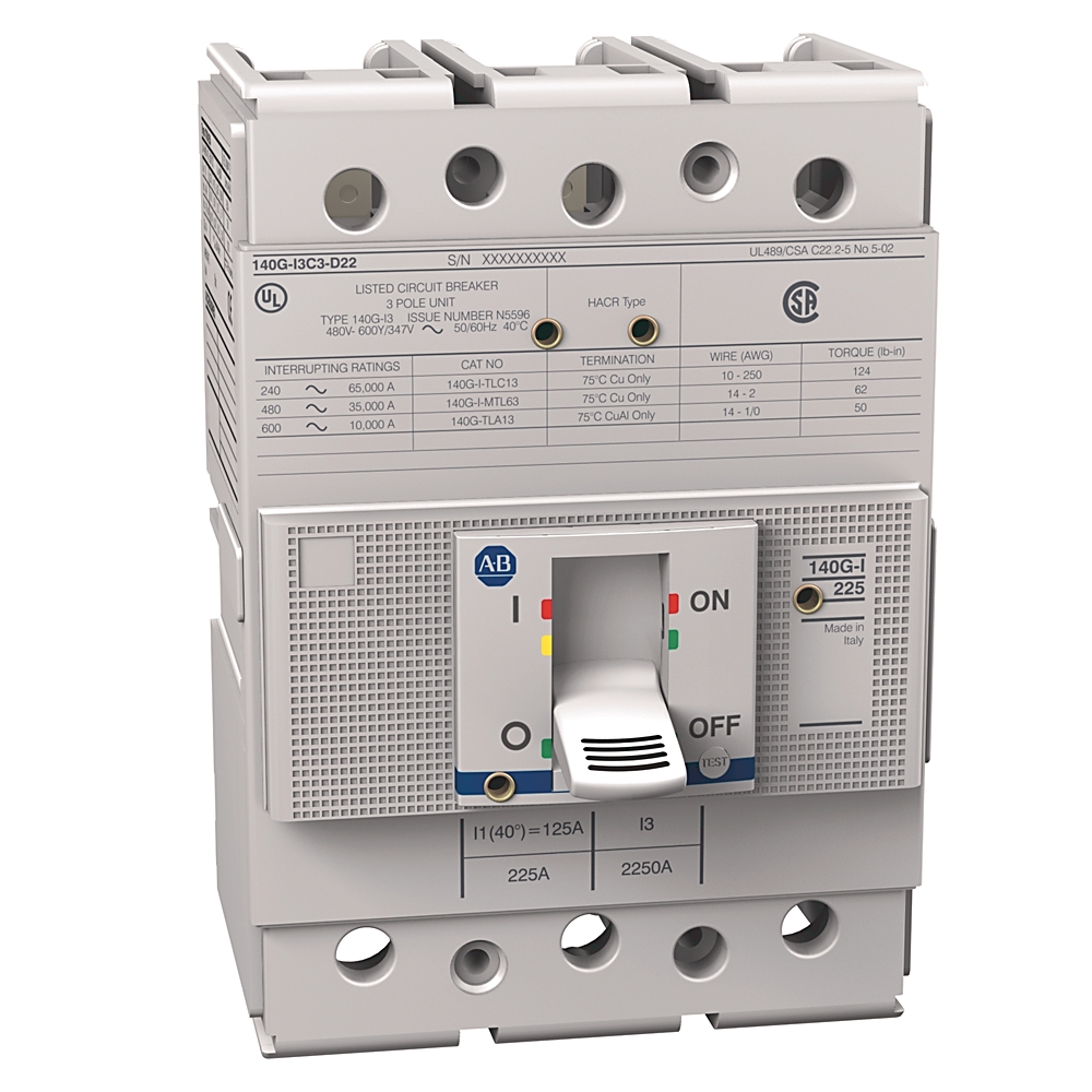 Miniature circuit breaker with a large toggle switch in the OFF position, gray housing and front panel labels visible.