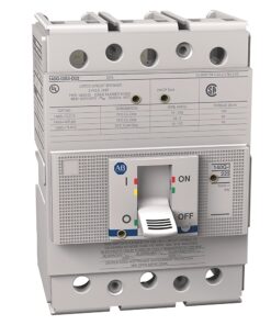 Three-pole electrical circuit breaker with a gray ON/OFF toggle switch and labeling on the front panel.