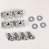 Hardware kit with four gray plastic blocks containing brass threaded inserts, four washers, and four bolts on a white background.