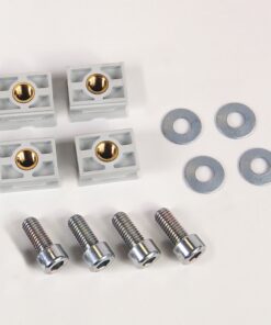 Hardware kit with four gray plastic blocks containing brass threaded inserts, four washers, and four bolts on a white background.