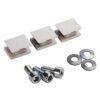 Three white plastic mounting clips with screws and washers, used to secure panels to a surface.