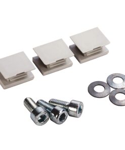 Three white plastic mounting clips with screws and washers, used to secure panels to a surface.