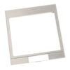 Silver metal frame with a rectangular opening, resting on a small base at an angle like a photo stand.