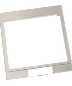 Silver metal frame with a rectangular opening, resting on a small base at an angle like a photo stand.