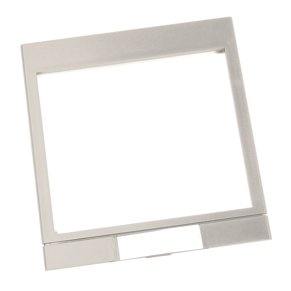 Silver metal frame with a rectangular opening, resting on a small base at an angle like a photo stand.