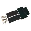 Hardware mounting kit with two long black plastic strips, a dark green perforated plate, and four metal brackets.