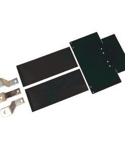Hardware mounting kit with two long black plastic strips, a dark green perforated plate, and four metal brackets.