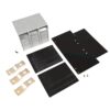 Modular drive bay kit with a gray drive cage, black drive trays, metal brackets, and screws for mounting multiple disks
