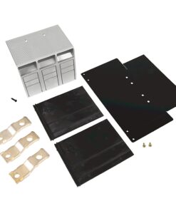 Modular drive bay kit with a gray drive cage, black drive trays, metal brackets, and screws for mounting multiple disks