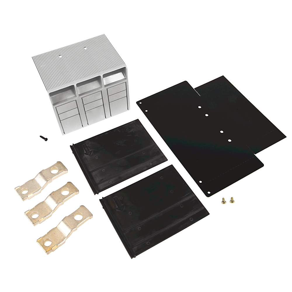 Modular drive bay kit with a gray drive cage, black drive trays, metal brackets, and screws for mounting multiple disks