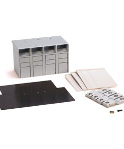 Unassembled four-bay server chassis with drive bays, side panels, mounting brackets and screws laid out on a white background