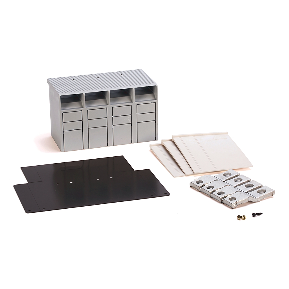 Unassembled four-bay server chassis with drive bays, side panels, mounting brackets and screws laid out on a white background