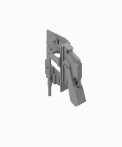 Gray 3D model of a mechanical linkage with levers mounted on a rectangular plate.