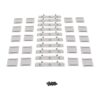 Kit of white plastic mounting brackets with a small bundle of black screws laid out in rows.