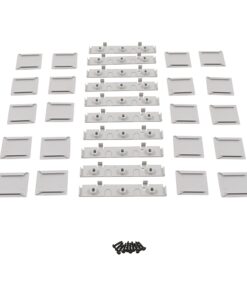 Kit of white plastic mounting brackets with a small bundle of black screws laid out in rows.