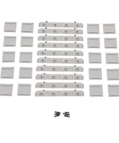 Assortment of gray plastic mounting brackets and small screws spread on a white background