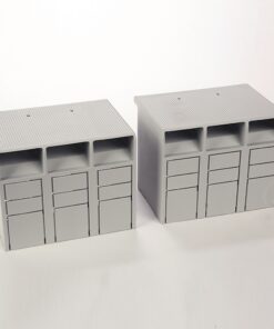 Two gray modular storage units with three open cubby spaces on top and three drawers below.