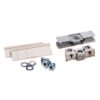 Assorted hardware kit including white plastic mounting brackets, metal screws, washers, and clamp blocks on a white background.