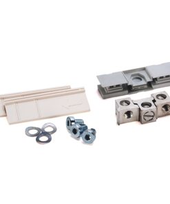 Assorted hardware kit including white plastic mounting brackets, metal screws, washers, and clamp blocks on a white background.