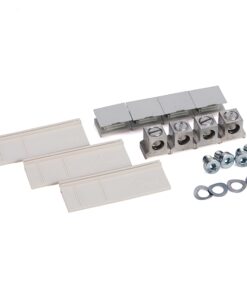 Assorted electrical terminal blocks and mounting hardware, including white plastic blocks, metal clamps, screws, and washers for wire connections.