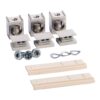 Three metal screw terminal blocks with white plastic bases, plus screws, washers, and beige mounting rails for electrical wiring.