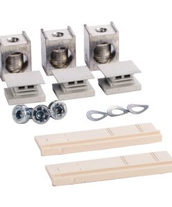 Three metal screw terminal blocks with white plastic bases, plus screws, washers, and beige mounting rails for electrical wiring.