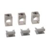 Set of three silver square clamp blocks with through-holes and three matching white plastic mounting brackets (electrical connectors)