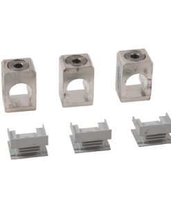 Set of three silver square clamp blocks with through-holes and three matching white plastic mounting brackets (electrical connectors)