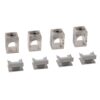 Set of four metal clamp-style terminal blocks with circular openings, paired with four gray plastic connector bases.