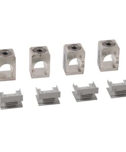 Set of four metal clamp-style terminal blocks with circular openings, paired with four gray plastic connector bases.