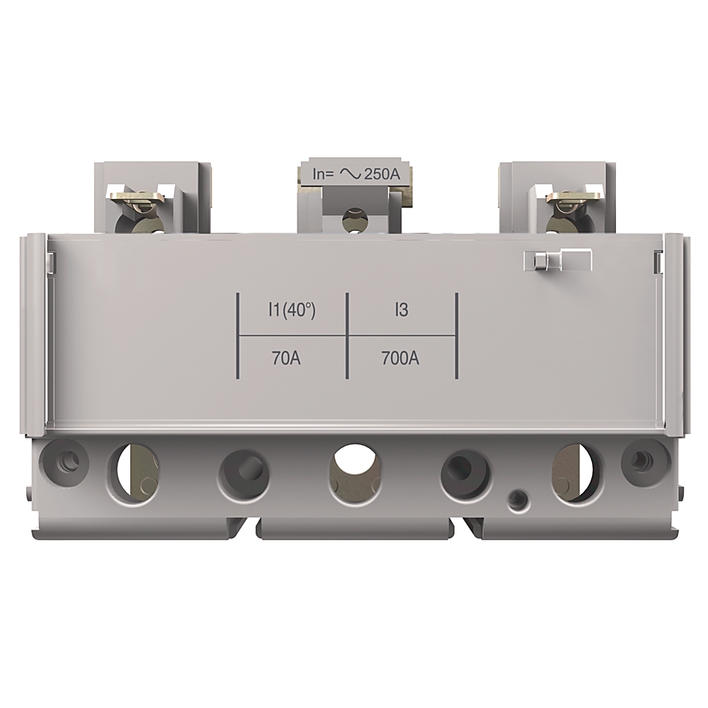 Three-pole circuit breaker module with current ratings I1(40°) 70A and I3 700A, In≈250A.