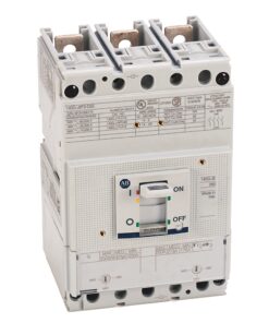 Industrial circuit breaker device (ABB) with ON/OFF toggle switch and terminal blocks; white/gray unit used to protect electrical circuits.