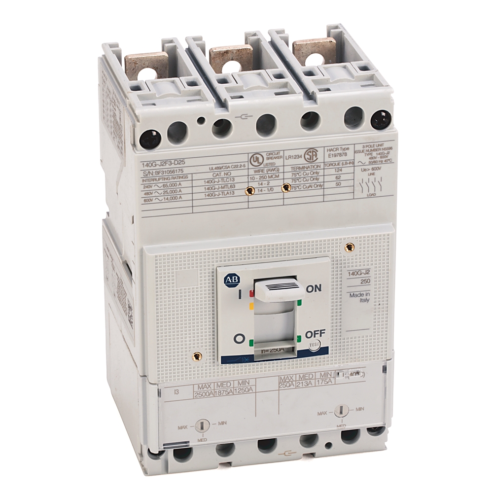 Industrial circuit breaker device (ABB) with ON/OFF toggle switch and terminal blocks; white/gray unit used to protect electrical circuits.