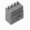 Four-pole molded-case circuit breaker with a central lever handle, used for mains electrical protection (industrial switch).