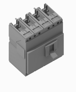 Four-pole molded-case circuit breaker with a central lever handle, used for mains electrical protection (industrial switch).