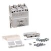 Three-pole miniature circuit breaker with installation kit: mounting plates, panels, screws, washers, and terminal blocks for wiring a distribution panel