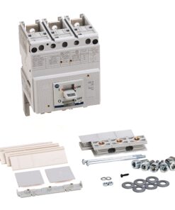 Three-pole miniature circuit breaker with installation kit: mounting plates, panels, screws, washers, and terminal blocks for wiring a distribution panel