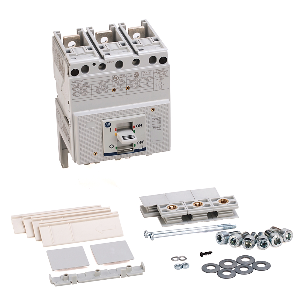 Three-pole miniature circuit breaker with installation kit: mounting plates, panels, screws, washers, and terminal blocks for wiring a distribution panel