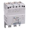 Three-pole molded case circuit breaker with a front OFF switch and mounting rails in a white housing (electrical protection device)