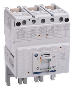 Three-pole molded case circuit breaker with a front OFF switch and mounting rails in a white housing (electrical protection device)